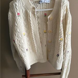 Zara Cream Cardigan with Floral Embroidery